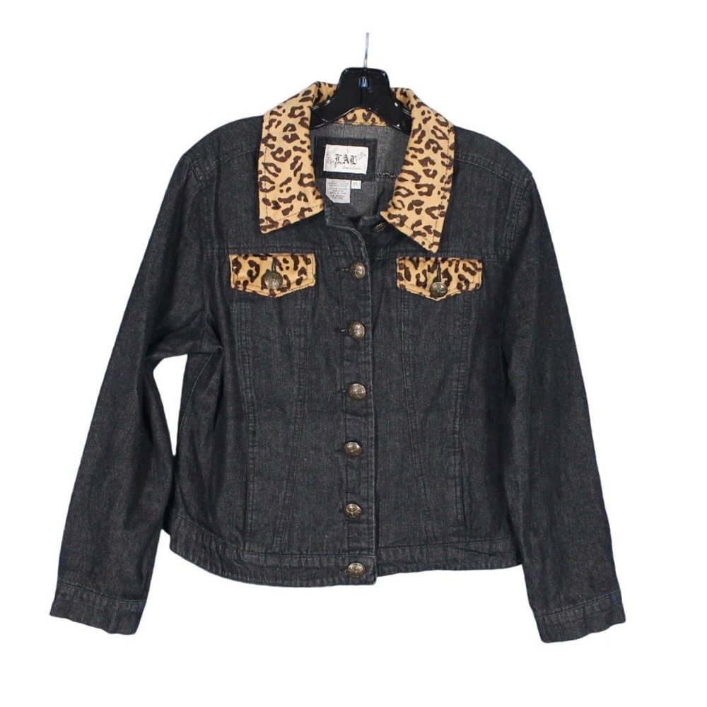 Y2K LAL LIVE A LITTLE Heather Black LEOPARD TRIM Button-Up DENIM JACKET Sz L/PL